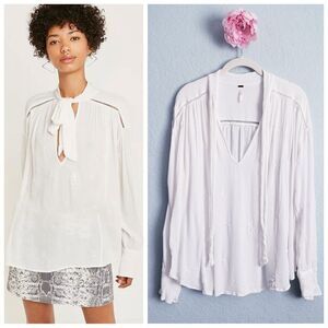 Free People White Wishful Moments Embroidered Long Sleeve Blouse